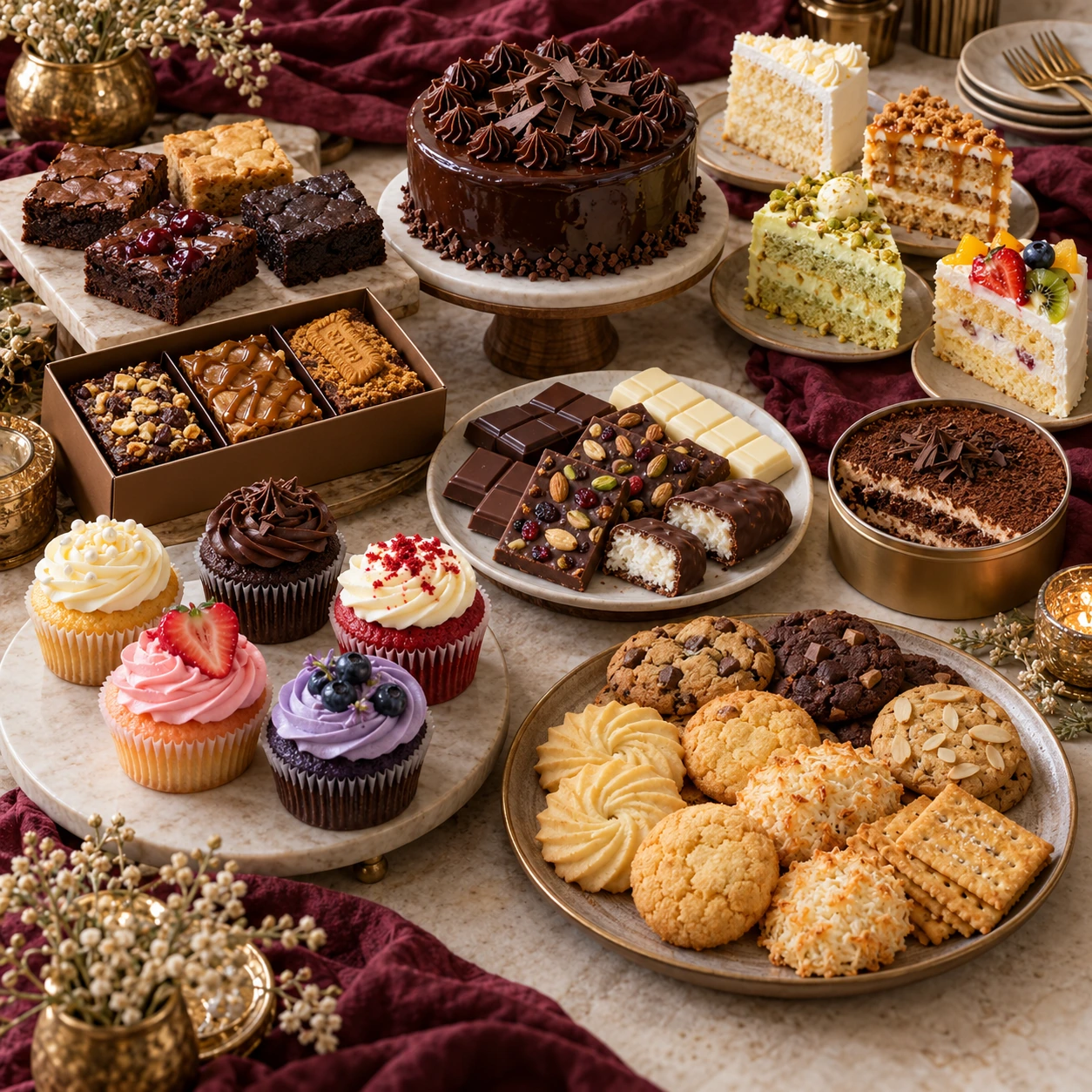 A Kezetuh Home Bakes dessert table with cakes, brownies, blondies, cupcakes, chocolates, dream cake and assorted cookies